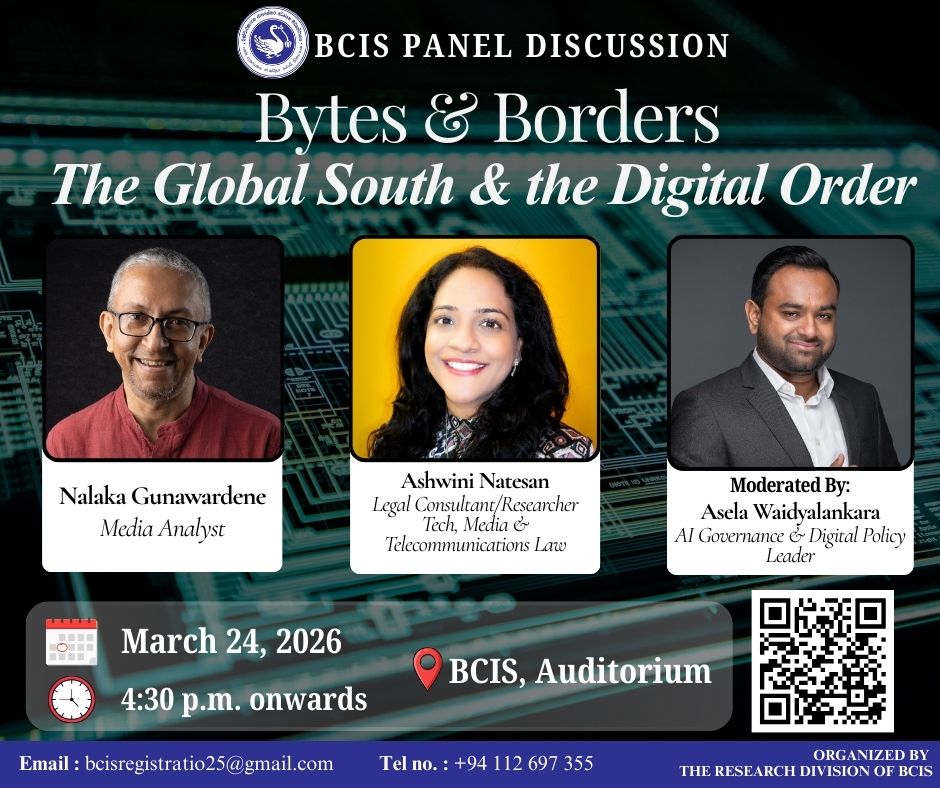 Panel discussion at Bytes & Borders: The Global South & the Digital Order event in Colombo, featuring experts on digital governance, technology, and global digital policy
