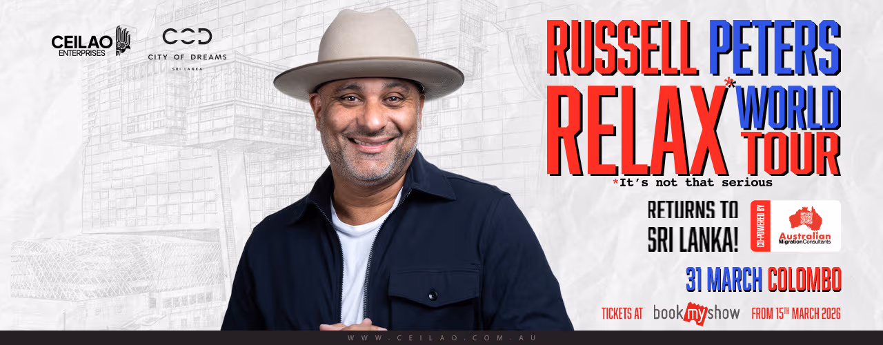 Russell Peters performing live on stage – Relax World Tour 2026 in Colombo, Sri Lanka, comedy event with audience laughing